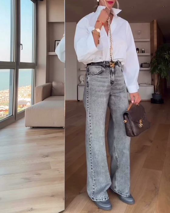 Chemise à revers de couleur unie décontractée
