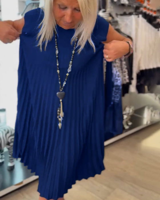 Robe décontractée plissée de couleur unie à col rond