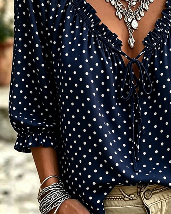 Blouse Col V Volant Polka Dot Attache