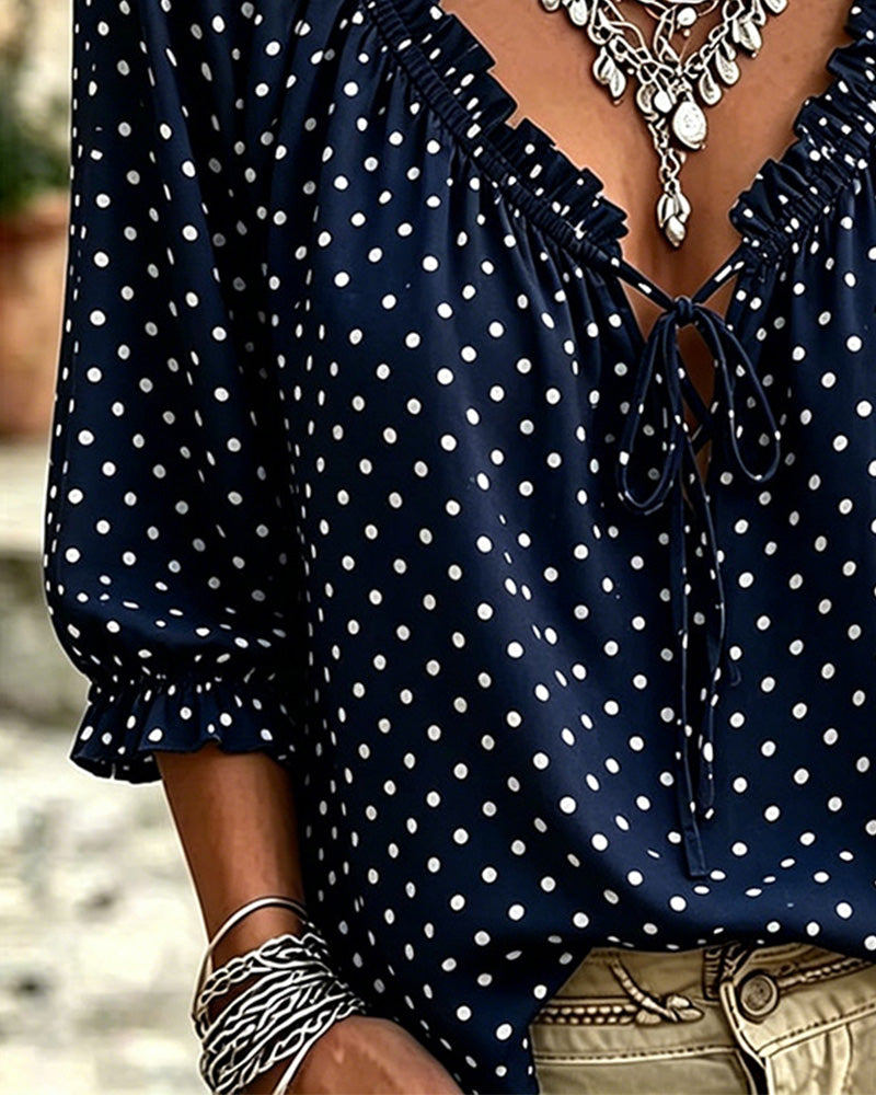 Blouse Col V Volant Polka Dot Attache