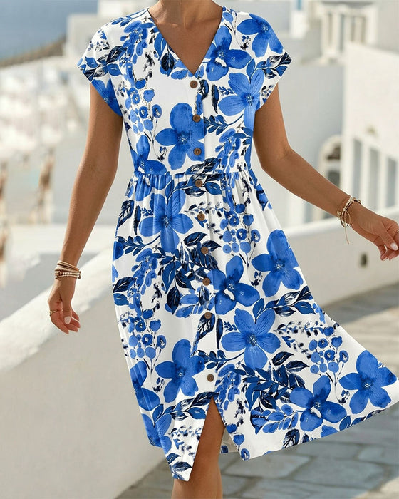 Robe Imprimé Floral Col V Manches Courtes