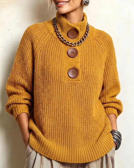 Pull Col Roulé Boutonné Manches Raglan