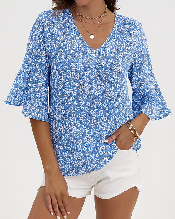 Chemisier Col V Floral Papillon Manche