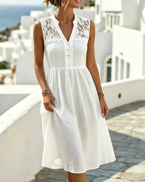 Robe Sans Manches Col V Dentelle Patchwork