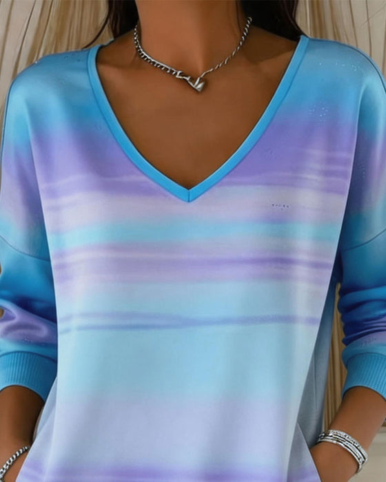 Robe Col en V Rayé Bloc de Couleur Gradient Poche