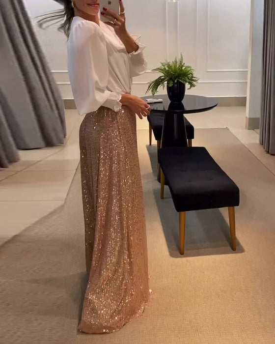 Chemisier élégant de couleur unie à col en V et manches lanternes