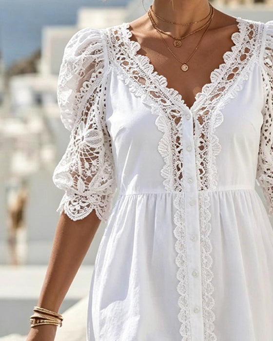 Robe Manche Bouffante Dentelle Courte