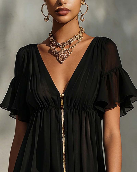 Robe Volant Manche Évasée Fermeture Éclair Dentelle