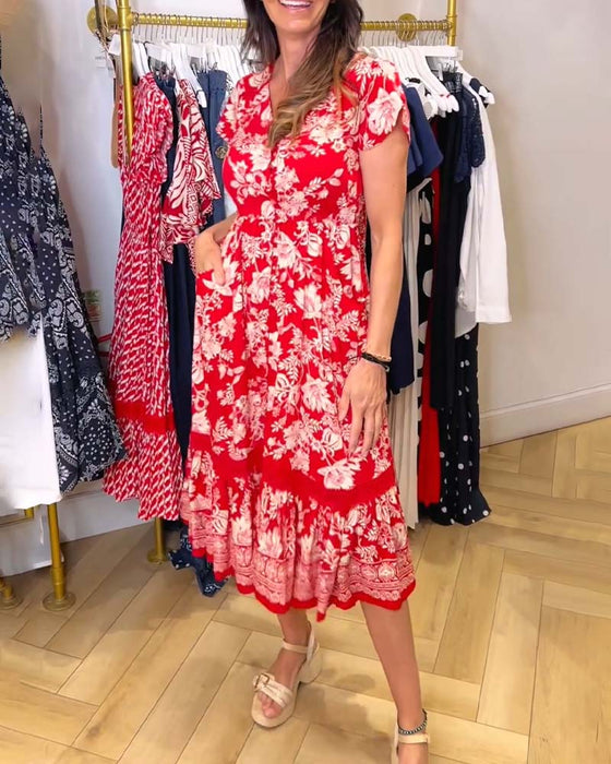 Robe Col V Florale Patchwork A-Ligne