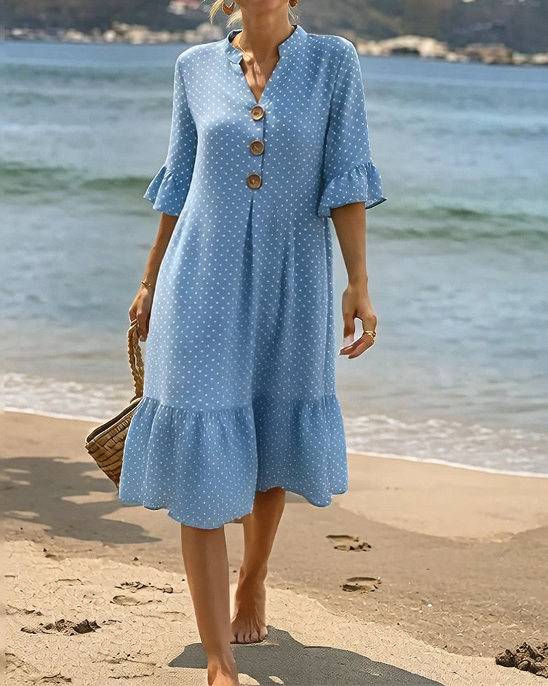 Robe Polka Dot Col V Volanté Manche