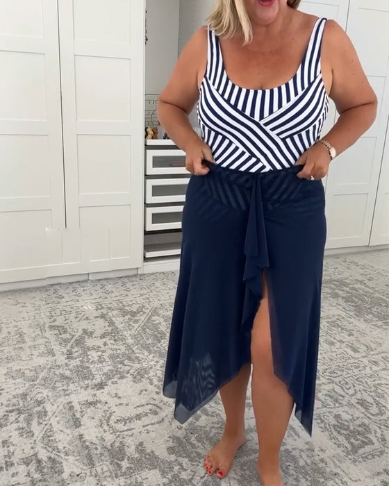 Ensemble Maillot de Bain à Encolure U Rayé Une Pièce