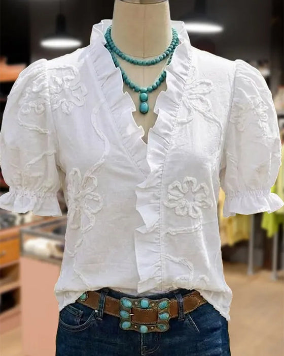 Blouse Col En V Bordure Volantée Manche Bouffante