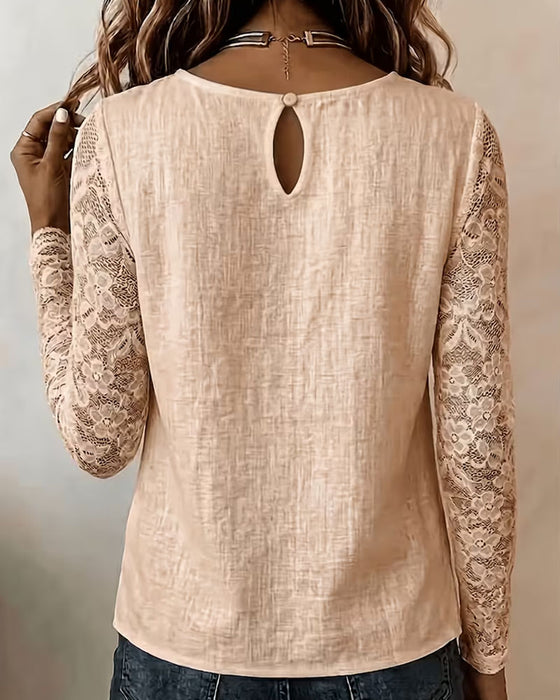 Chemisier Col Rond Boutonné Dentelle Patchwork Manches Longues