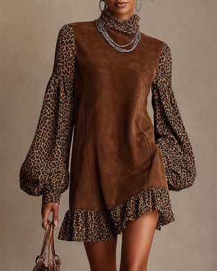 Robe Léopard Imprimé Manche Lanterne Volant Droit Mini