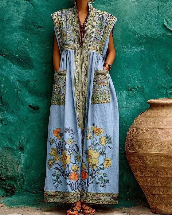 Robe Rétro Imprimé Poche Sans Manches Longue