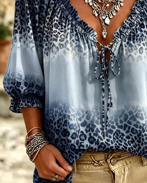 Blouse Col-V Imprimé Léopard Lacets