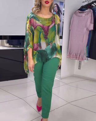 Blouse imprimée à col rond et manches chauve-souris