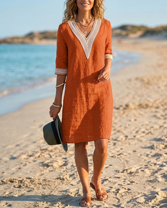 Robe Manche Trois Quarts Col V Dentelle Patchwork