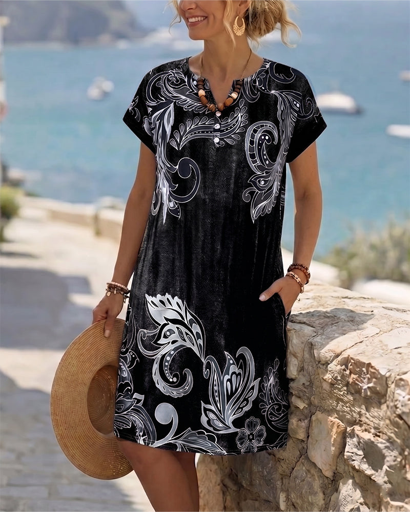 Robe Col V Demi Patte Imprimé