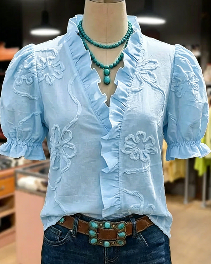 Blouse Col En V Bordure Volantée Manche Bouffante