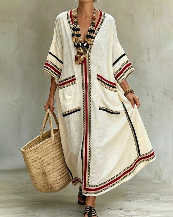 Robe Maxi Décontractée Col V Rayée