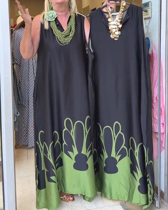 Robe Revers Sans-Manches Bloc-Couleur Jupe-Pleine