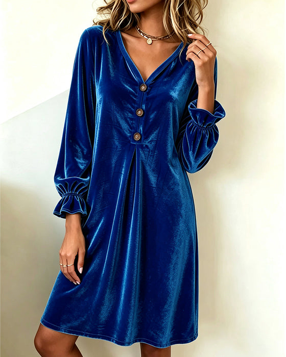 Robe Col En V Bouton Volant Plissé