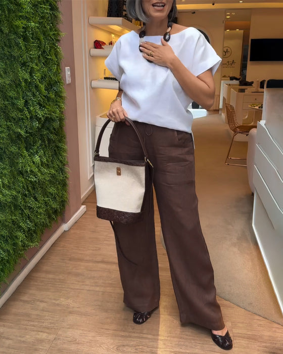 Pantalons à Jambes Larges de Style Casual, en Couleur Uni et avec Cordon de Serrage