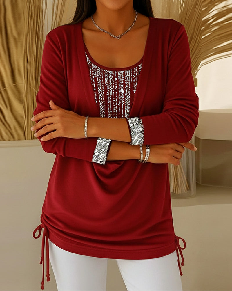 Haut Col Cassé Paillettes Fines Faux Deux-Pièces