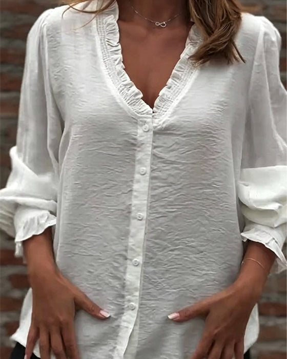 Blouse Col En V Bouton Devant Volant Manches Ballon