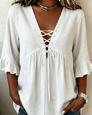 Blouse Unie Col V Volantée