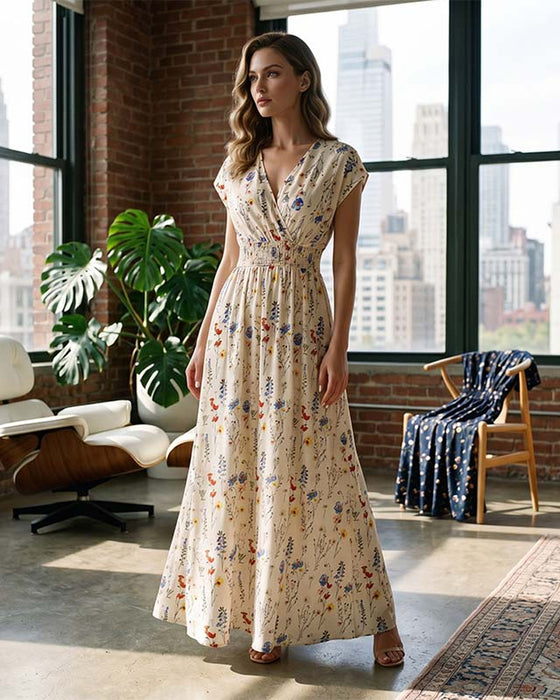 Robe Décontractée Col V Imprimée Longue Maxi