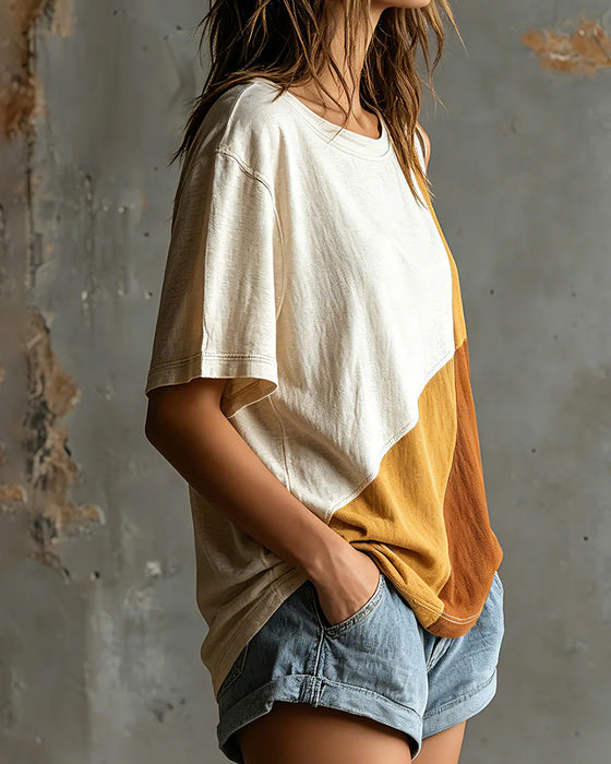 T-Shirt Bloc De Couleur Hors Épaule Lâche