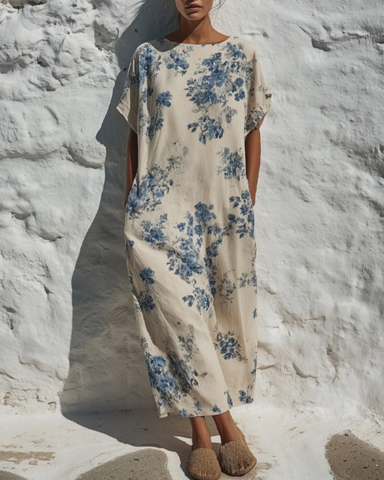 Robe Col Rond Vintage Bleu Floral