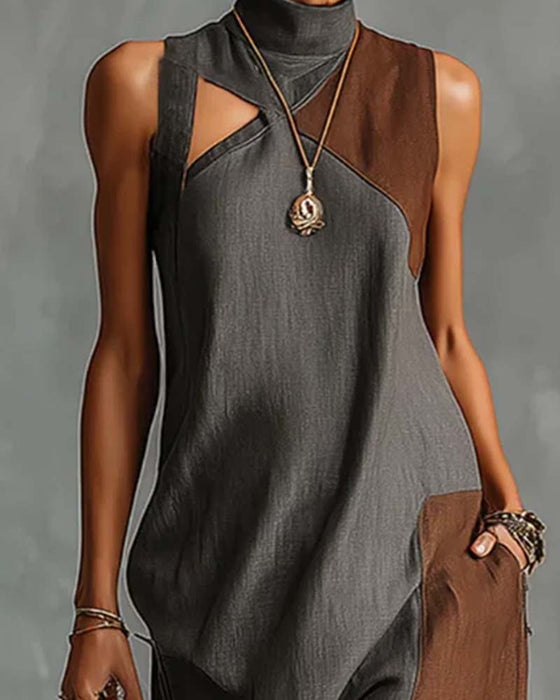 Robe Col Haut Asymétrique Patchwork Sans Manches