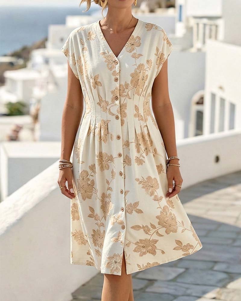 Robe Col En V Imprimé Taille Cintrée Boutonnage Devant