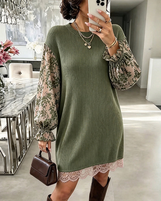 Robe Col Rond Côtelé Dentelle Patchwork Volant