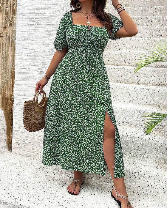 Robe Manches Courtes Fendue Imprimé Floral