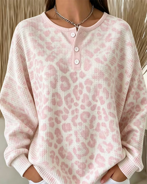 Sweatshirt Col-Rond Boutonné Léopard Décontracté