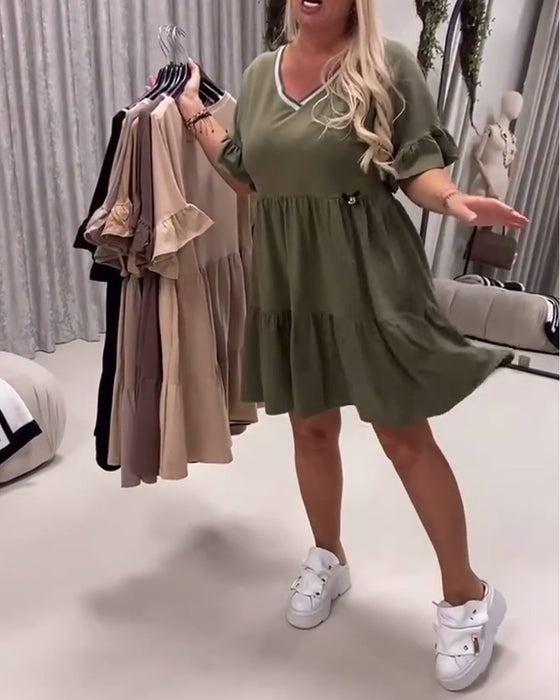 Robe Col En V Manche À Volants Coupe A