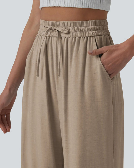 Pantalon Taille Élastique Jambe Large Attacher Décontracté