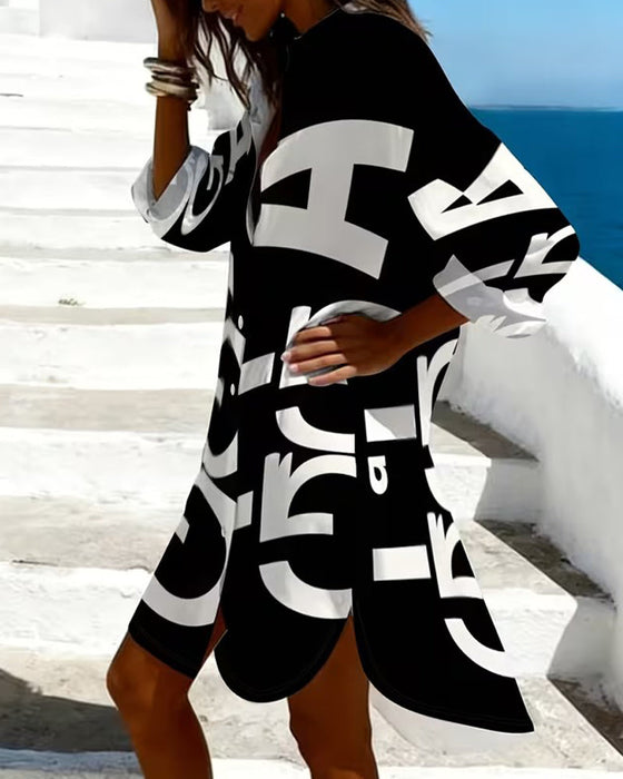 Robe Lettre Imprimé Bouton Manche Longue