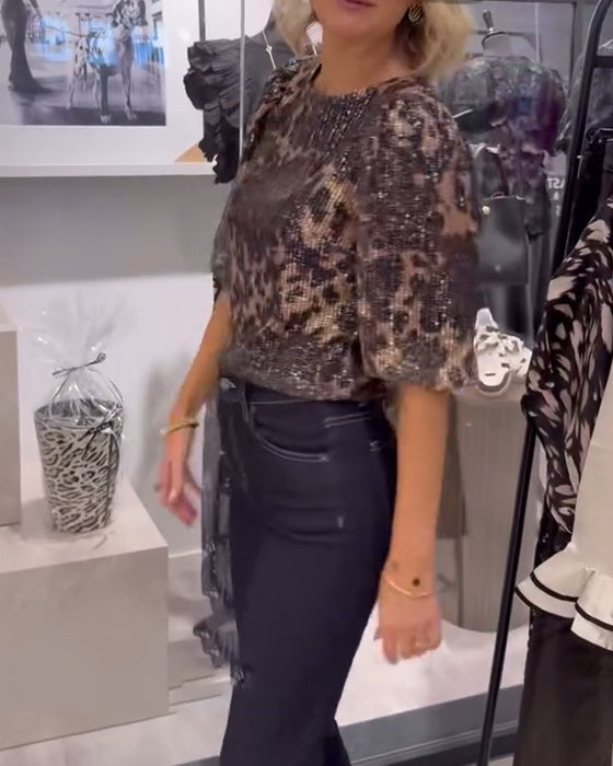 Blouse Manches Lanterne À Sequins Imprimé Léopard