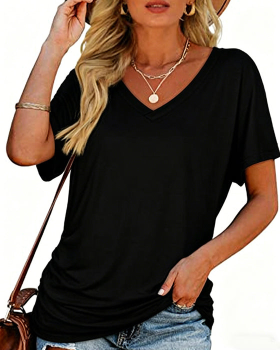 T-Shirt Plissé Uni Col En V