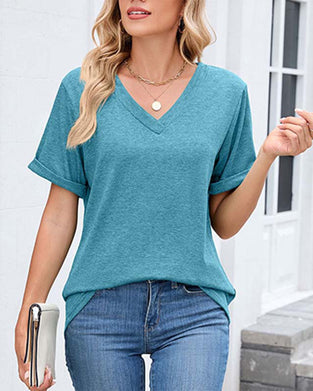T-Shirt Unie Col En V Décontracté Manches Courtes