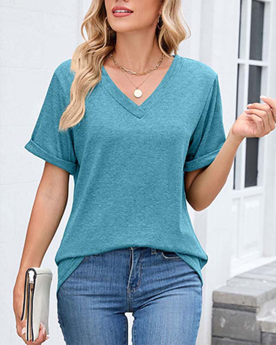 T-Shirt Unie Col En V Décontracté Manches Courtes