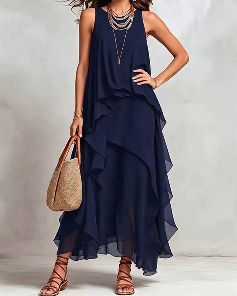 Robe Col Rond Sans Manches Irrégulière