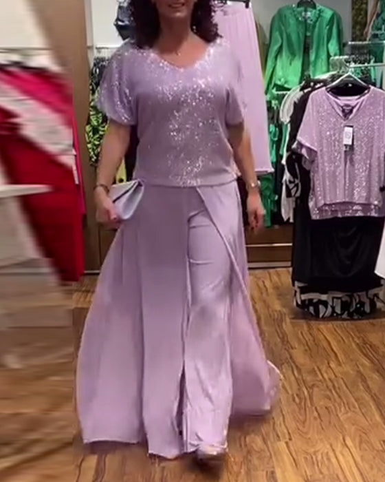 Blouse ample à sequins et manches courtes à col en V