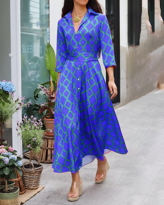 Robe chemise col V manches 3/4