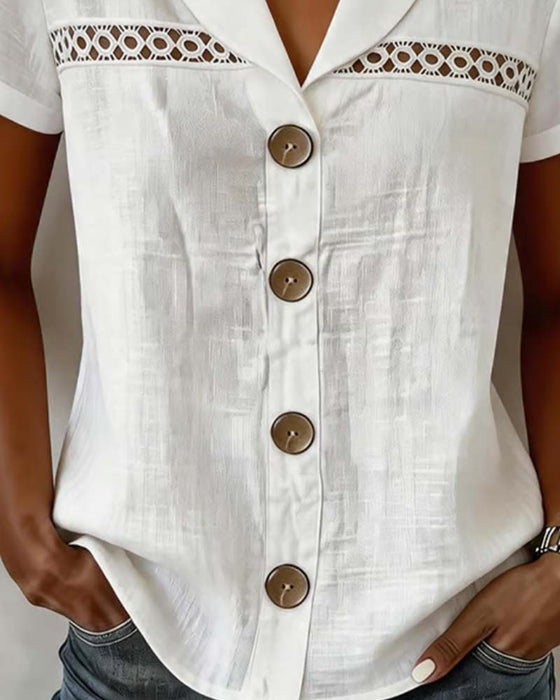 Blouse Col V Bouton Découpé Uni